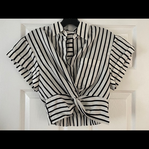 T Alexander Wang Striped Twist Front Crop Shirt 0 - Picture 4 of 6